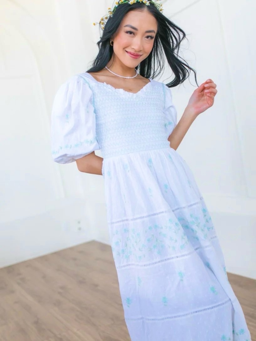 Ivy City Co Emmy White Embroidered Floral Puff Sleeve Smocked Midi dress